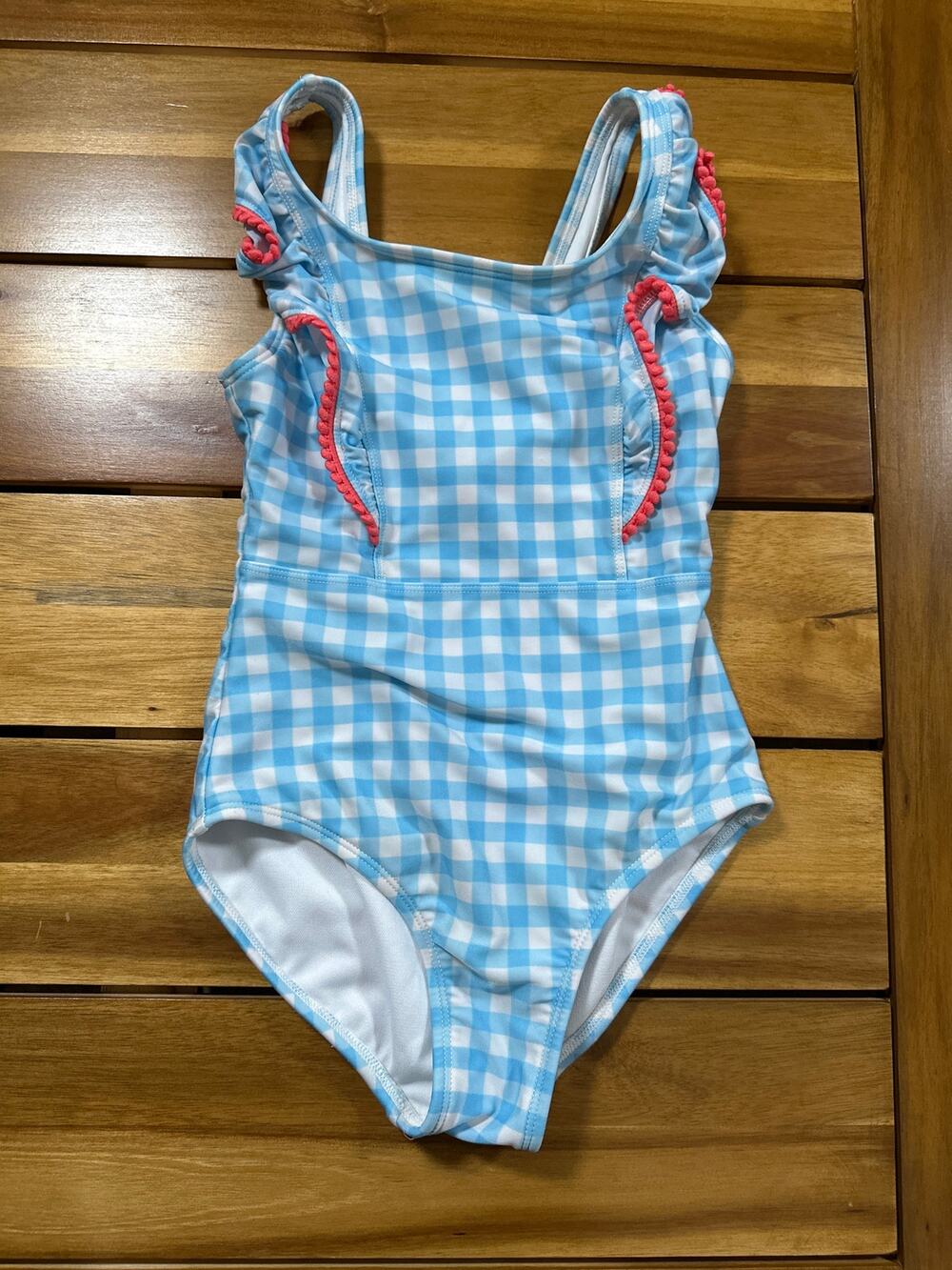 Cat & Jack Girls Blue Gingham One Piece Swimsuit Size S 6/7 Pink Ruffle Trim